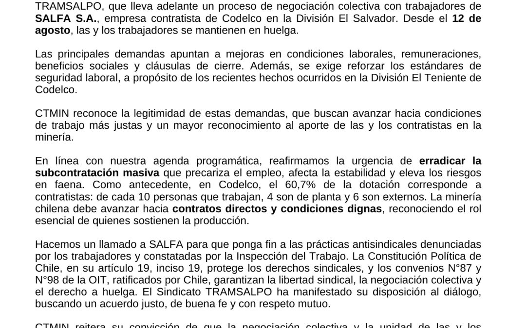 COMUNICADO PÚBLICO: CTMIN EN APOYO A LAS Y LOS TRABAJADORES DE SALFA EN HUELGA